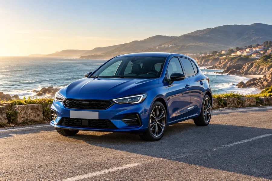 Um automóvel azul numa estrada junto à costa