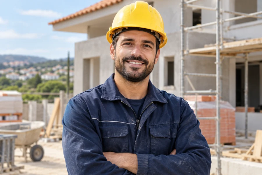 Profissional com capacete de proteção numa obra